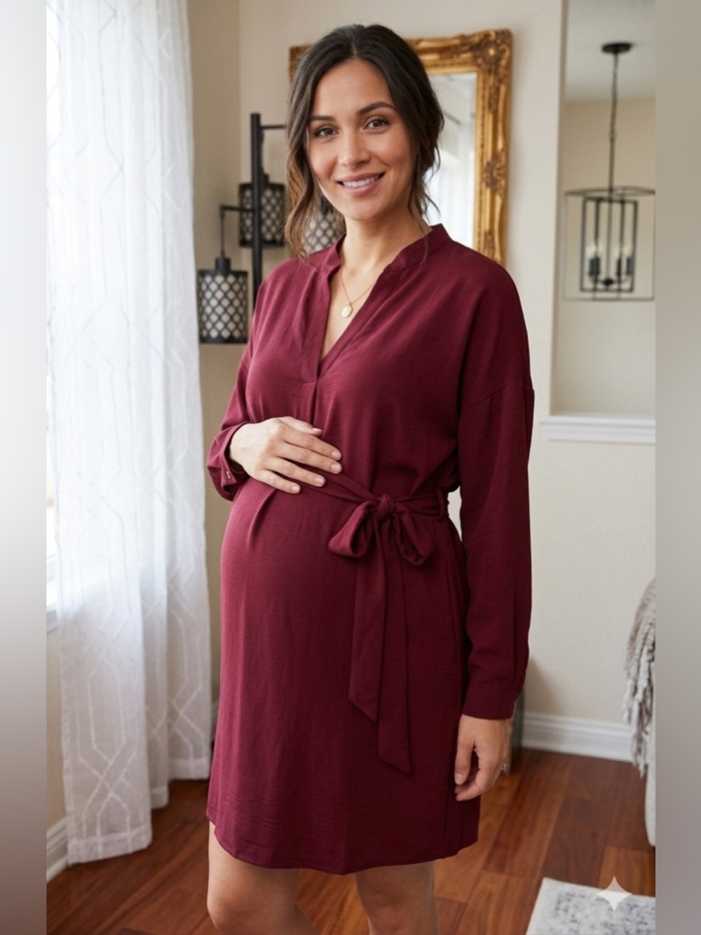 New Look Maternity Mara LS Overhead Tunic Dress Burgundy Red Sz 8 NWT Belted